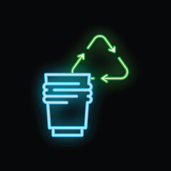Neon recycle symbol turning into a reusable coffee cup promoting eco friendly habits