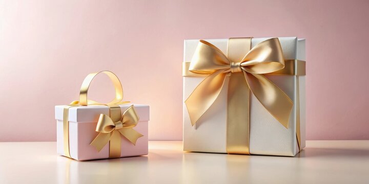 Elegant gifts, adorned with golden ribbons, sit on a pristine surface against a soft pink backdrop, symbolizing thoughtful presents and joyous occasions.