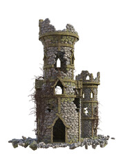 Ruins of two destroyed stone fantasy towers. Concept of time passing. 3d illustration on transparent background. 