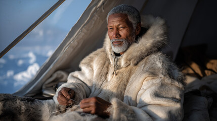 Survivor mends Arctic clothing in tent with gas stove and sleeping bag