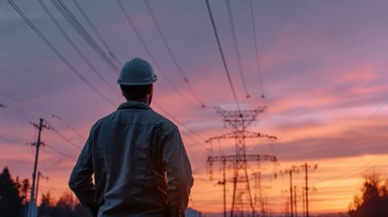 Engineer Observing Sunset Over Power Lines and Transmission Towers