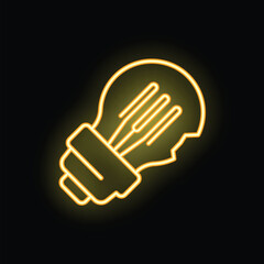Neon style icon of a broken light bulb is glowing on a black background