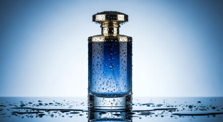 Elegant blue perfume bottle with water droplets against a gradient background