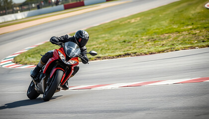 Motorcycle practice leaning into a fast corner on track, realistic. White tone
