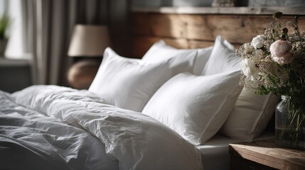 Cozy Bedroom with Soft White Bedding and Elegant Floral Arrangement