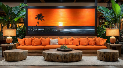 Sunset artwork above orange couch in tropical interior