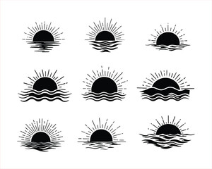 This set of nine black and white vintage-style icons depicts sunsets over water.