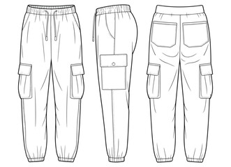 Technical Flat Sketch of Cargo Jogger Pants with Pockets, Front Side Back View for Fashion Design, Apparel Template, and Illustration