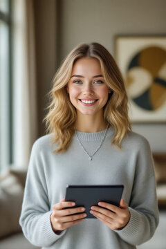 A young woman with long blonde hair smiles directly at the camera while holding a tablet in a softly lit interior.