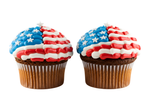 Two patriotic cupcakes in red, white, and blue frosting isolated on white or transparent background. PNG, festive dessert. - Powered by Adobe