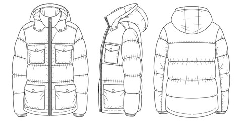Technical Flat Sketch Front Side Back Winter Puffer Jacket with Hood, Zipper and Pockets for Fashion Design and Apparel Template