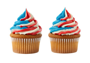 Two patriotic cupcakes in red, white, and blue frosting isolated on white or transparent background. PNG, festive dessert.