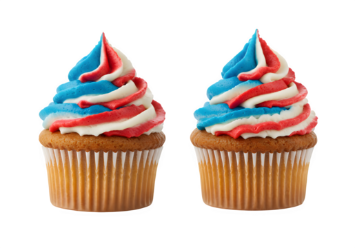Two patriotic cupcakes in red, white, and blue frosting isolated on white or transparent background. PNG, festive dessert.