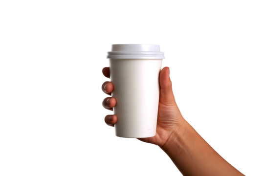 A Minimalist White Coffee Cup Held with Intention, Embracing Simplicity and Sustainable Design, isolated on transparent background. PNG file, cut out