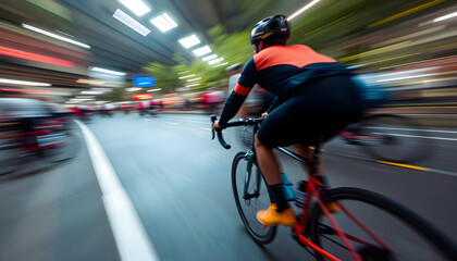 Motion blur of a bike race with the bicycle and rider at high speed, colorful. White tone