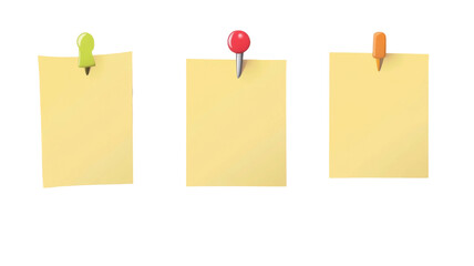 Yellow note paper with red push pin isolated on white background