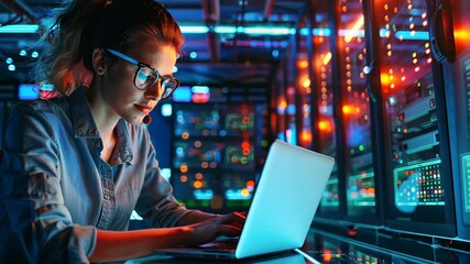 Confident female engineer working on a laptop in a high-tech server room - Powered by Adobe