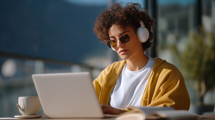 Coding in a Café: Young Adult with Headphones and Laptop