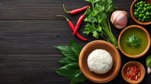 Overhead view of healthy Asian meal with rice, soup, vegetables, and spices served in wooden bowls on dark wooden surface, providing generous copy space.