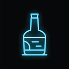 Blue neon sign depicting a bottle of alcohol, shining brightly against a black background
