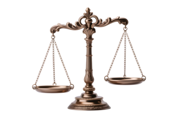 The Scales of Themis, An Exquisitely Crafted Golden Balance with Intricate Filigree, Its Shimmering Chains Evoking Timeless Justice, isolated on transparent background. PNG file, cut out