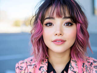 Bright and vibrant portrait of young woman with pink hair, showcasing stylish outfit