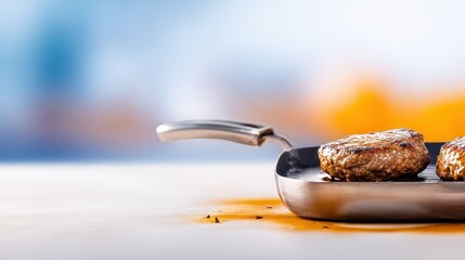 Fototapeta premium Two juicy grilled hamburger patties sizzle on a stainless steel griddle pan releasing savory aromas in a bright kitchen setting creating a delicious food photography image.