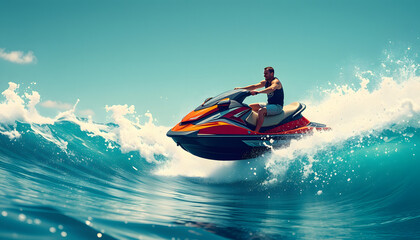 Man on jet ski jump on the wave, pop art. White tone