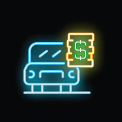 Neon icon representing the concept of paid parking with a car and a parking meter displaying price