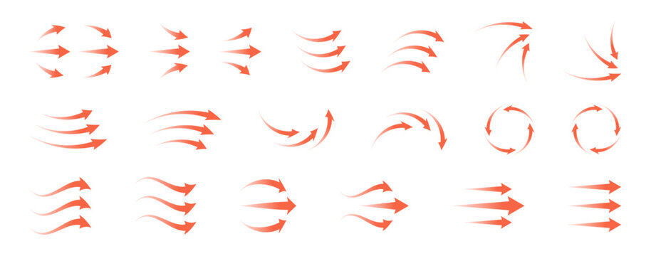 Airflow icon set featuring circular arrows, heat waves and wind streams. Transparent red symbols for ventilation, AC, purifier or climate control vector illustration. Clean and modern design.