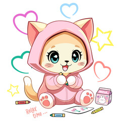 Cute kawaii cat drawing with crayons.  Perfect for children's products, greeting cards, nursery prints, and kawaii merchandise.