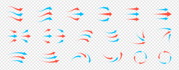 Airflow and ventilation vector set with hot and cold wind, arrows, fans, filters and stream lines. Clean transparent graphics for HVAC, purifier, conditioner or room climate control illustrations.