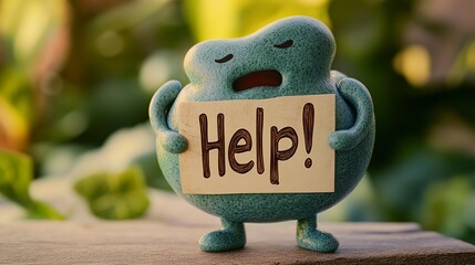 Unhappy stomach character expressing distress with a sign in a vibrant outdoor setting