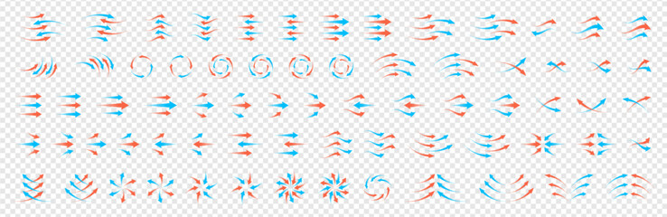 Airflow and ventilation icon set. Includes circular arrows, hot and cold wind flow, fan, filter, purification and climate recovery symbols. Transparent infographic style for electronic or HVAC themes.