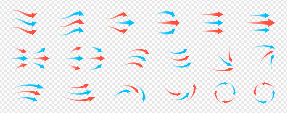 Airflow and ventilation vector set with hot and cold wind, arrows, fans, filters and stream lines. Clean transparent graphics for HVAC, purifier, conditioner or room climate control illustrations.
