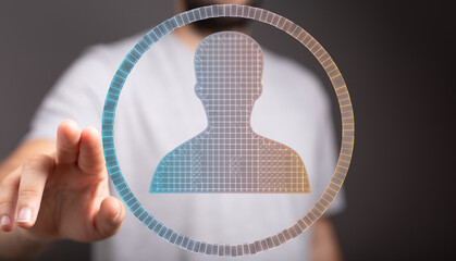 Person icon digitally displayed.  Concept for identity, security, or technology.
