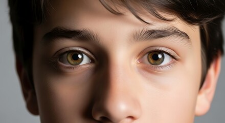 Fototapeta premium Close-up portrait of a teenage boy's expressive eyes and face, showing subtle shadows and details.