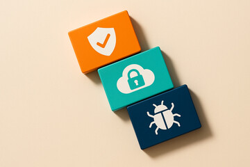 Shield icon combined with virus shape symbolizing cybersecurity protection antivirus defense malware prevention safe network secure system or online threat security concept for modern digital visuals