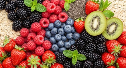 Obraz premium Vibrant variety of fresh berries, kiwi and chia seeds artfully arranged on oat background.