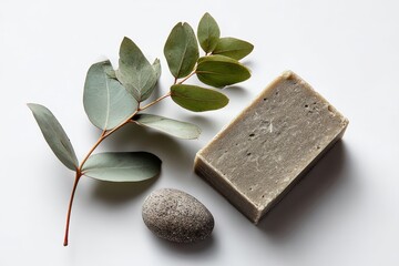 Natural Eucalyptus Soap with Stone and Green Leaves on White Background
