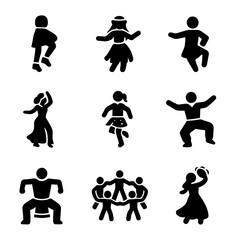 Folk Dance Icons. Solid, Filled icon set of folk and traditional dances: clog dance, hula dance, kathak pose, flamenco step, Irish