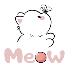 Beautiful Vector Illustration of Minimalist Kawaii Cat with Butterfly, perfect for prints, stickers, stationery, nursery decor, children's logos or soft decoration.