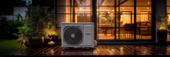 HVAC unit placed on wooden deck, illuminated by warm indoor lights, surrounded by plants.