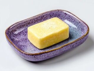 Yellow Natural Soap Bar on Purple Ceramic Dish for Home Decor