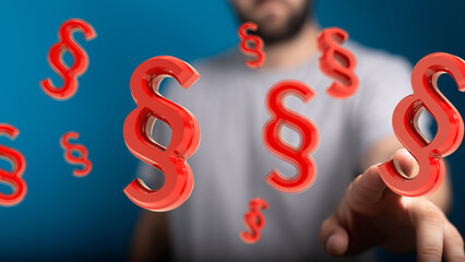 Abstract image of a person interacting with 3D paragraph symbols, representing legal concepts and...