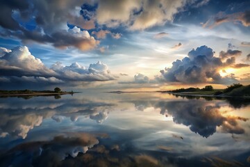 Dramatic sunset with vibrant clouds reflected perfectly in a calm lake creating a surreal and breathtaking natural mirror image landscape scene