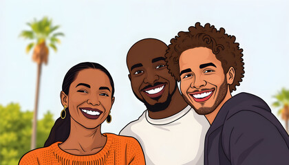 mixed race couple portrait, smiling, looking at camera, clipart style. White tone