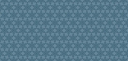 Subtle abstract seamless pattern in asian style. Vector floral geometric ornament. Minimal blue color texture with small stars, flowers, diamonds, lattice. Elegant oriental background. Repeated design