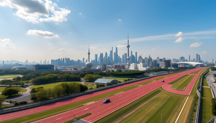 Wide race track and city suburb skyline on a sunny day in Shanghai,panoramic view, 8k. White tone