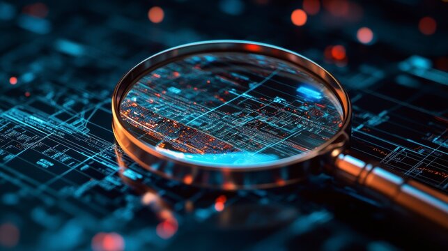 Magnifying glass over a circuit board, detail of digital data.